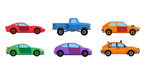 Fototapeta premium Collection of Various Vehicle Icons Including Sports Cars Pickup Truck and Hatchback Models, Automotive Transportation Flat Vector Illustration