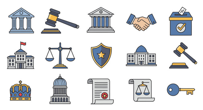 Justice law icons and symbols set.