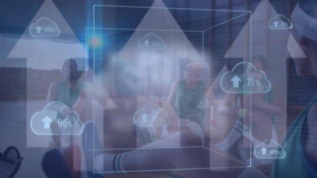 Animation of arrows, clouds and data processing over basketball game