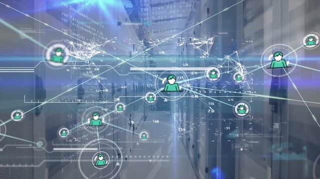 Animation of connected icons and dots with numbers, lens flares and computer language on server room