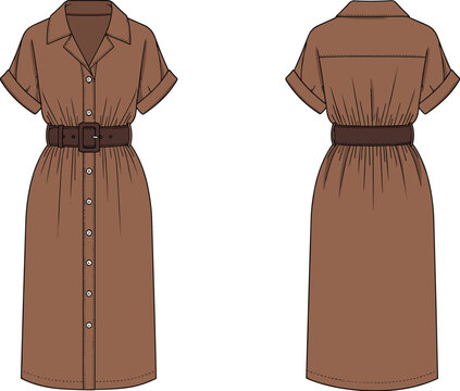 Fashionable Midi Dress Illustration with Belt:  Front and Back View for Clothing Design, Product Catalogs, and Style Guides, Presenting a Contemporary Brown Button-Down Garment