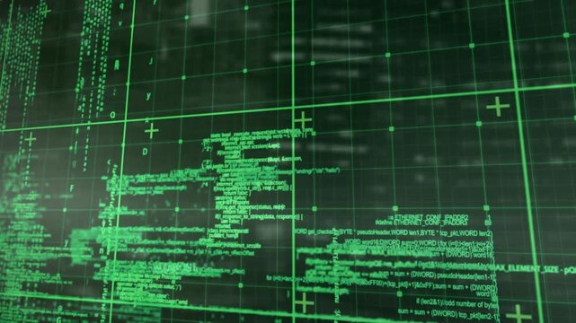 Animation of grid pattern over programming language against black background