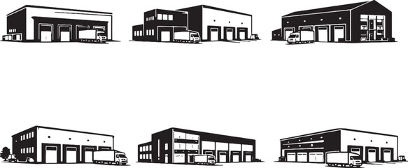 Fototapeta premium Warehouse Buildings Silhouette Set, Logistics Depot, Distribution Center, Storage Facility Architecture Vector Collection