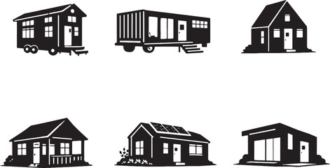 Fototapeta premium Small Homes Tiny Houses Silhouette Bundle Compact Living House Set Mobile Container Prefab Icons Black Isolated Vector