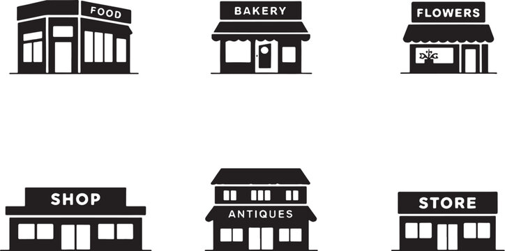 Small shop silhouettes bundle, retail storefront icons set, bakery flower shop convenience store buildings black silhouette collection