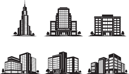 Obraz premium Office Buildings Silhouette Set, Corporate Headquarters, Modern Office Tower, Business Center Architecture Vector Collection