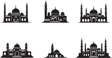 Mosques Silhouette Set Dome Minaret Middle Eastern Desert Village Grand Islamic Architecture Vector © chien