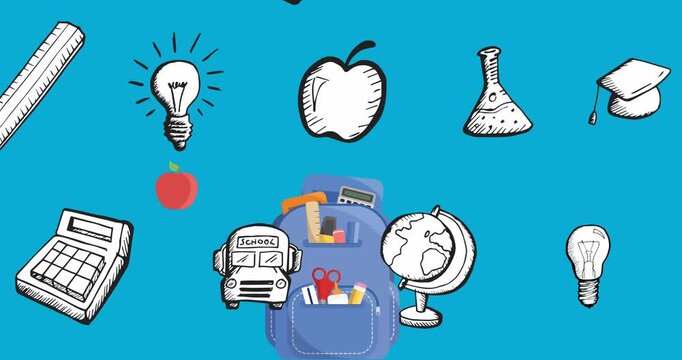Animation of rows of school items and school bag over blue background