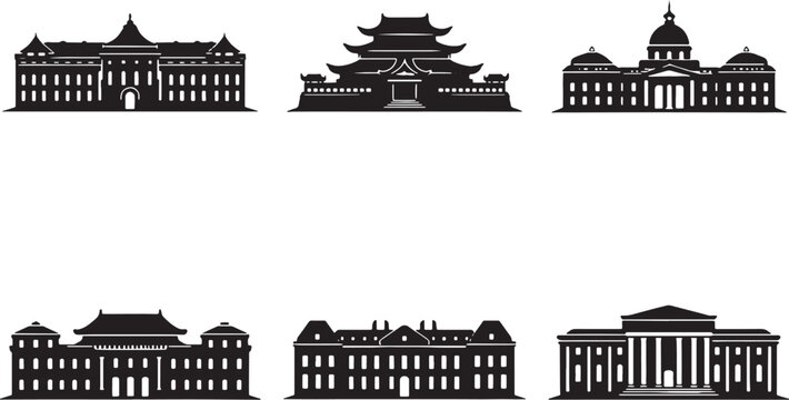 Palace Buildings Silhouette Set Royal Palace Oriental European Classical Architecture Black Silhouette Collection