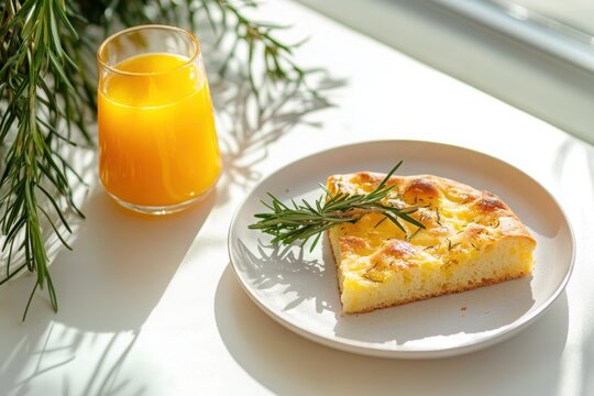 Fresh orange juice and homemade cake on a sunny table setting  