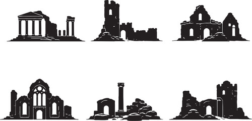 Obraz premium Historic Ruins Silhouette Set Ancient Temple Castle Ruin Archaeological Structures Black Silhouette Collection