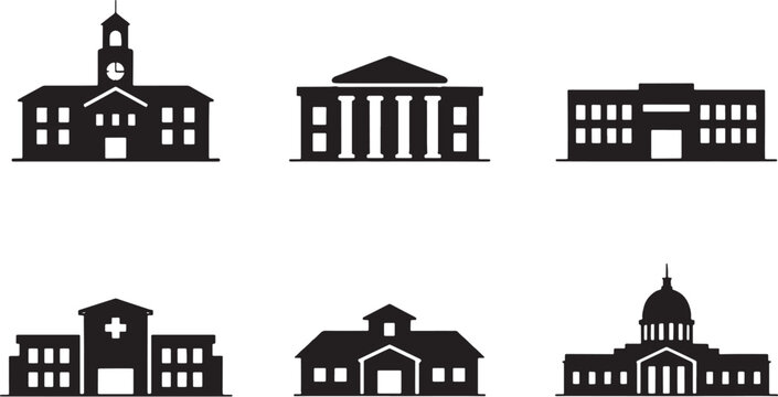 Government building silhouettes bundle, city hall courthouse capitol architecture icons, public administration buildings black silhouette collection