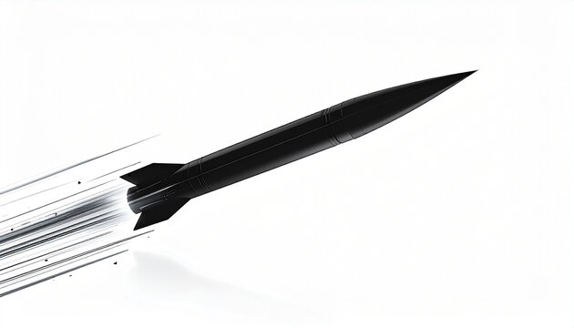 A sleek missile soars through the air with motion blur on a white background.