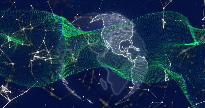 Animation of dynamic wave pattern over rotating globe and connected dots on abstract background