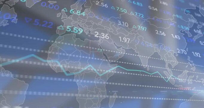 Animation of stock market data processing over world map against grey background