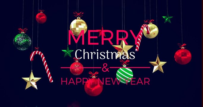 Animation of hanging christmas decorations over merry christmas and happy new year text banner