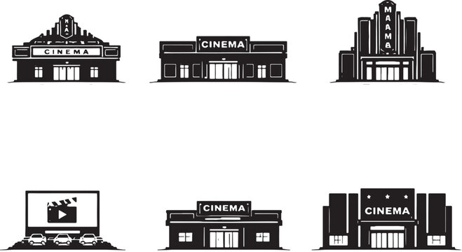 Cinema Buildings Silhouette Set Movie Theater Multiplex Drive In Cinema Architecture Black Silhouette Collection