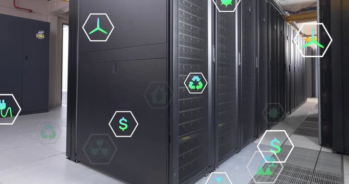 Animation of multiple digital icons floating against computer server room