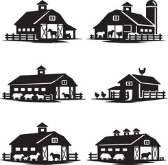 Animal Farm Buildings Silhouette Set Horse Stable Cattle Barn Sheep Coop Goat Pig Farm Vector © chien