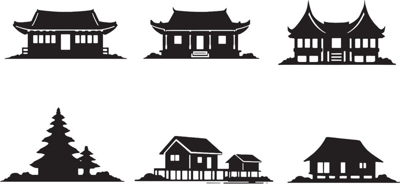Asian Traditional Houses Silhouette Set, Hanok Vietnamese Thai Balinese Stilt Nipa Hut Architecture Icons