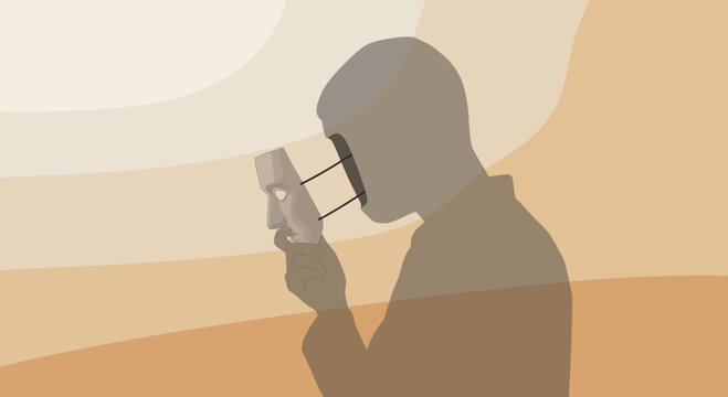 Unmasking the self A conceptual illustration of human identity, symbolizing the internal struggle for authenticity and the journey of self-discovery