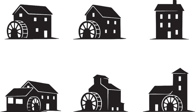 Agricultural Mill Buildings Silhouette Set Traditional Water Mill Farm Mill House Rural Industry Black Silhouette Collection
