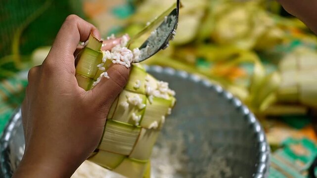 Close-up hand filling rice into ketupat pouch, traditional preparation for Eid al-Fitr celebration in Indonesia, authentic Asian culinary culture, woven palm leaf rice cake, festive food prep