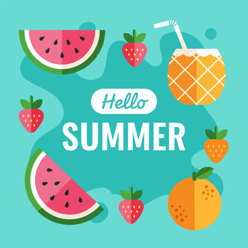 Hello summer potrait banner with tropical fruits, vector illustration