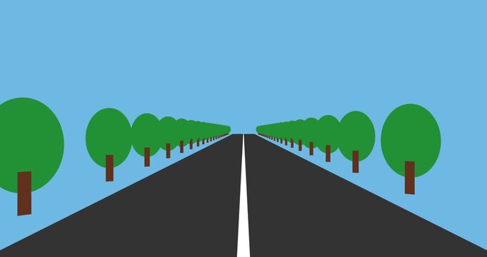 Experience a serene animated journey on a straight road, lined with minimalist green trees. Under a blue sky, this vector scene evokes continuous progress.