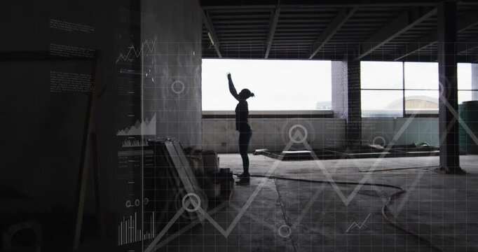 Animation of multiple graphs and map over silhouette of woman doing exercise with ball