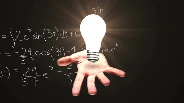 Animation of light bulb over woman's hand and mathematical data processing