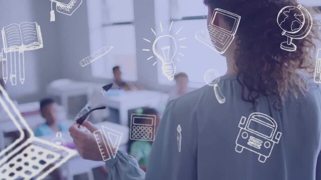 Animation of school items icons over happy diverse female teacher with students in classroom