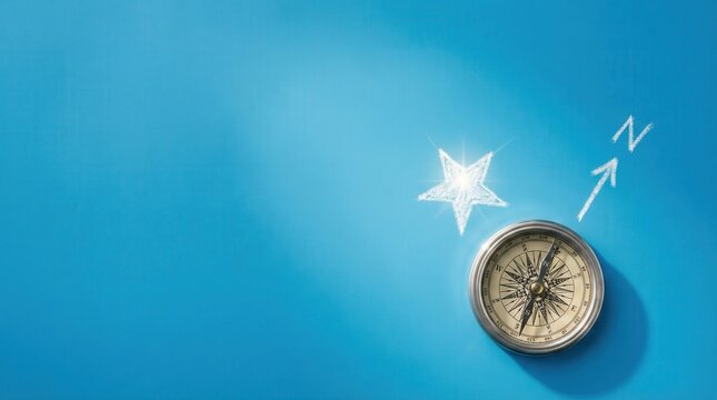 Strategic direction and goal setting concept, vintage compass with chalk star and arrow. Business vision and leadership navigation for corporate success.