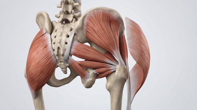 Musculi glutei attached to pelvis and femur 3D render professional utility