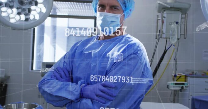 Surgeon pulling purple gloves adjusting gown cuff data scrolling under lamp preparing for surgery