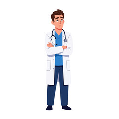 Fototapeta premium Confident Male Doctor in Lab Coat with Stethoscope, Standing Arms Crossed, Healthcare Professional