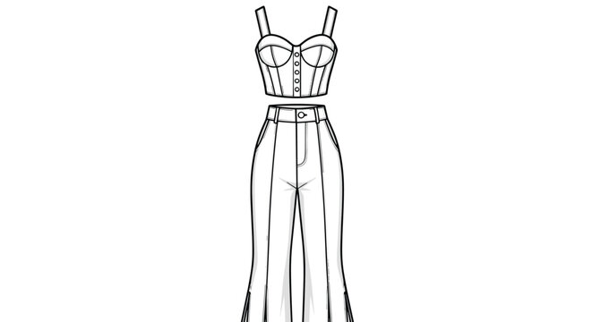Fashionable Women's Outfit Illustration: Modern Bustier Top and High-Waisted Trousers for Fashion Design and Style Guides, a Chic and Trendy Line Art