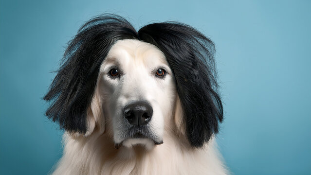 Funny and adorable portrait of a large white fluffy dog wearing a messy black bob hair wig, calm expression, vibrant blue background.