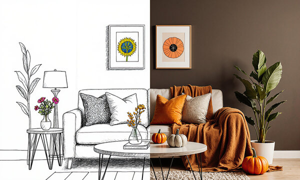 Interior design transformation diptych showing living room transition from summer sketch to cozy autumn setting with pumpkins