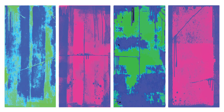 A vibrant quadriptych featuring intense neon color blocks arranged in four distinct vertical panels