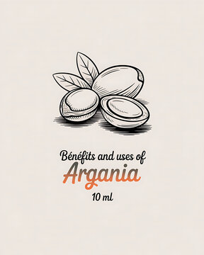 An illustration of argania nuts and leaves with text about benefits