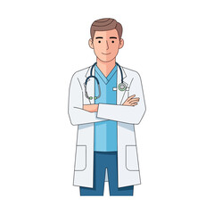 Fototapeta premium Friendly Cartoon Doctor Wearing Lab Coat and Stethoscope with Arms Crossed