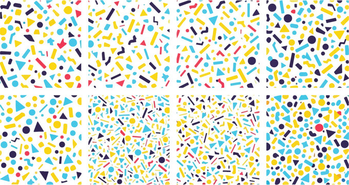 Colorful abstract confetti explosion background with shapes and patterns on transparent grid.
