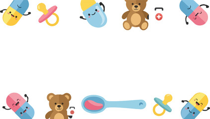 Obraz premium Cute baby healthcare cartoon frame with teddy bears, pacifiers, pills and spoon on transparent background.