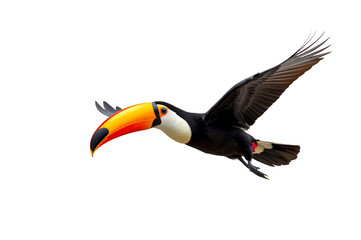 Obraz premium Toucan bird flying with colorful beak isolated