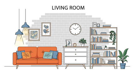 Naklejka premium Modern home interior design for a living room with an orange sofa, white dresser, large bookshelf, and stylish wall decor.
