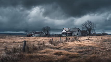 Fototapeta premium Gloomy landscape of an abandoned farm