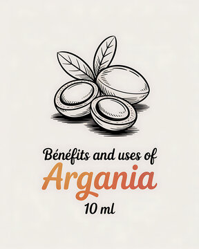 An illustration of argania seeds and leaves with text about benefits