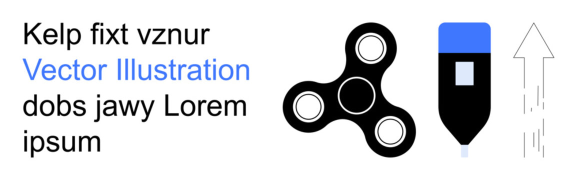 Product design, creativity, education, innovation, movement, online content. Minimal graphic a fidget spinner, pen and arrow with placeholder text. Creativity and movement concepts