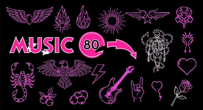 Retro 80s music vector elements, neon pink rock and roll icons on black background, vintage heavy metal patches and punk subculture symbols